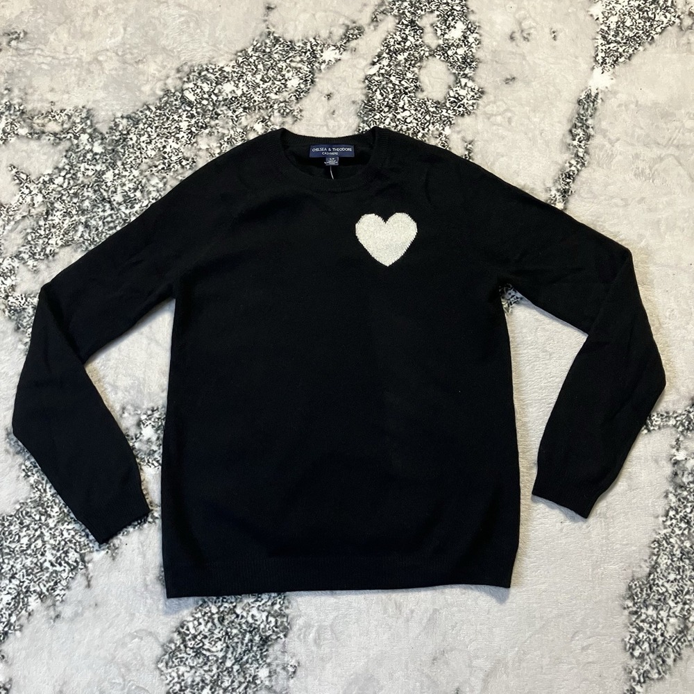 Chelsea Theodore Sweater Womens Size Small P Black Frost White Cashmere Heart